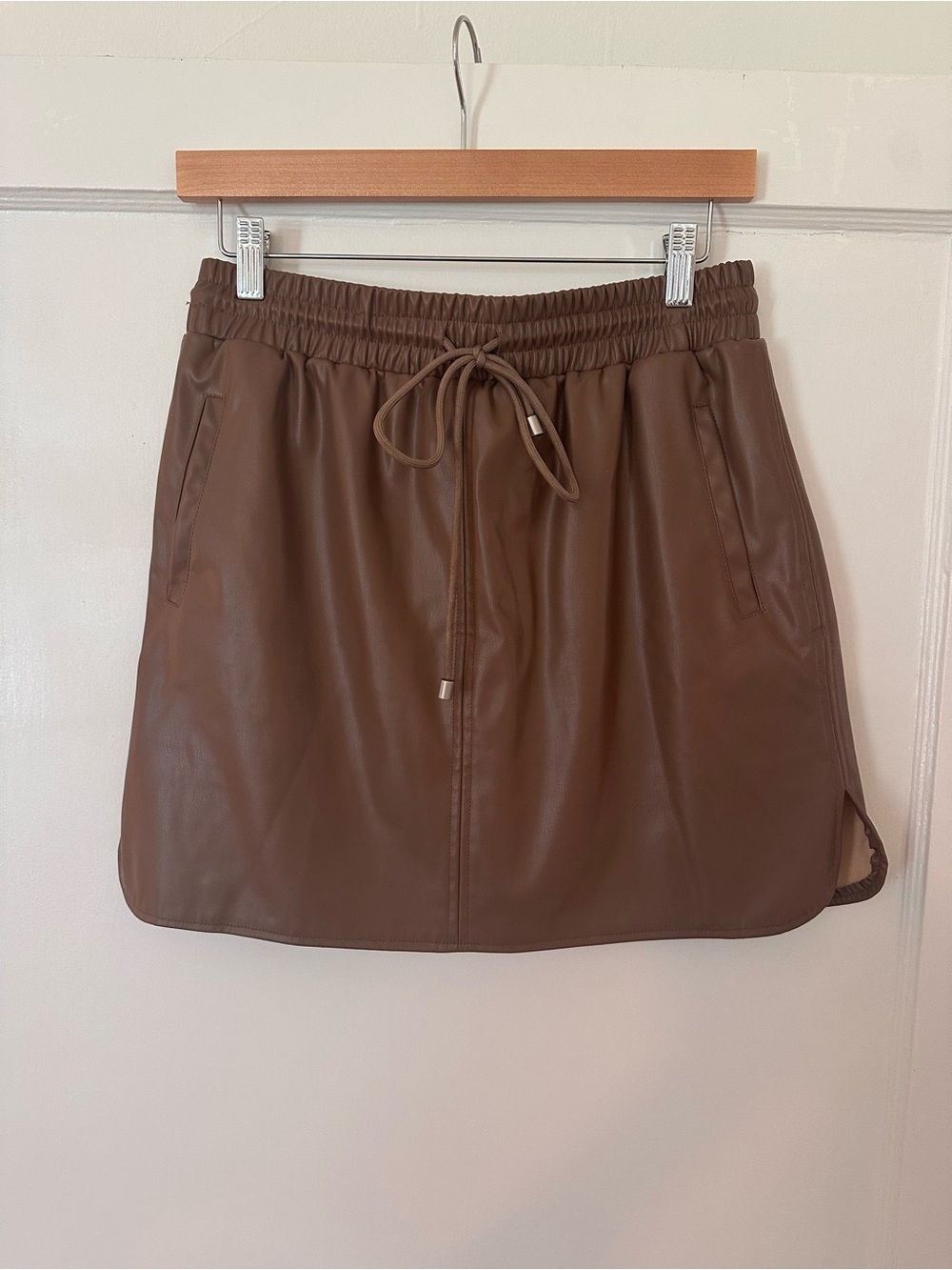 eesome Brown Faux Leather Drawstring Skirt